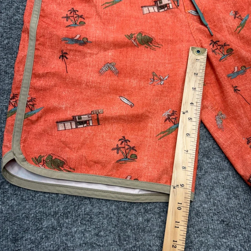 Prana Mens Burnt Orange Tiki Surf Print Board Shorts UPF 50+ Size 34 Retro Swim